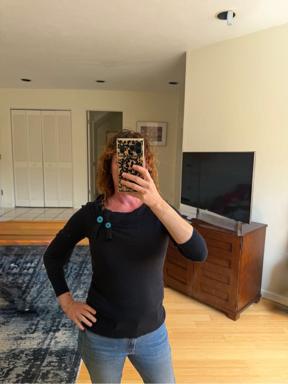Brooklyn Industries Black Crewneck Sweater with Teal Button Accents